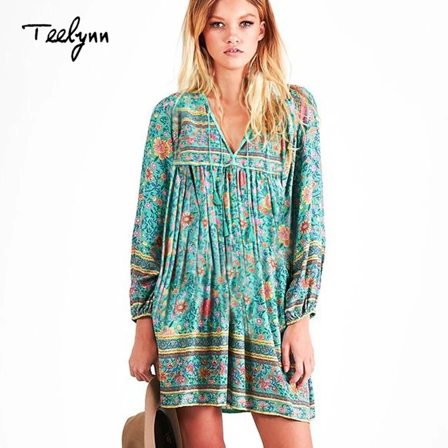 Ceny TEELYNN długi boho chic wiskoza Koszula bluzka 2018 Vinatge green floral print bluzki tassel kobiety bluzki Z długim Rękawem Loose Blusas