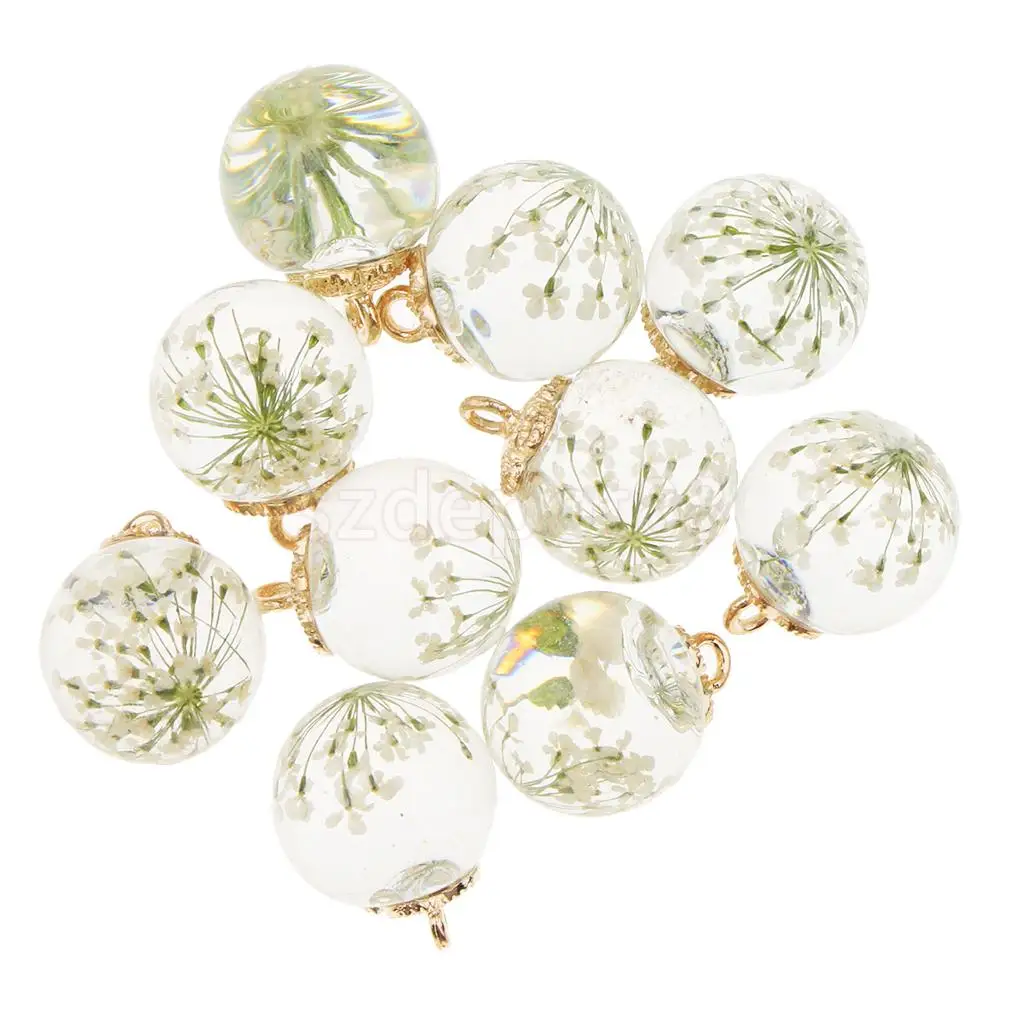 10pcs Dried Flower Glass Ball Pendant with Flower Cap DIY Earring Dangle Craft Findings Loose Beads