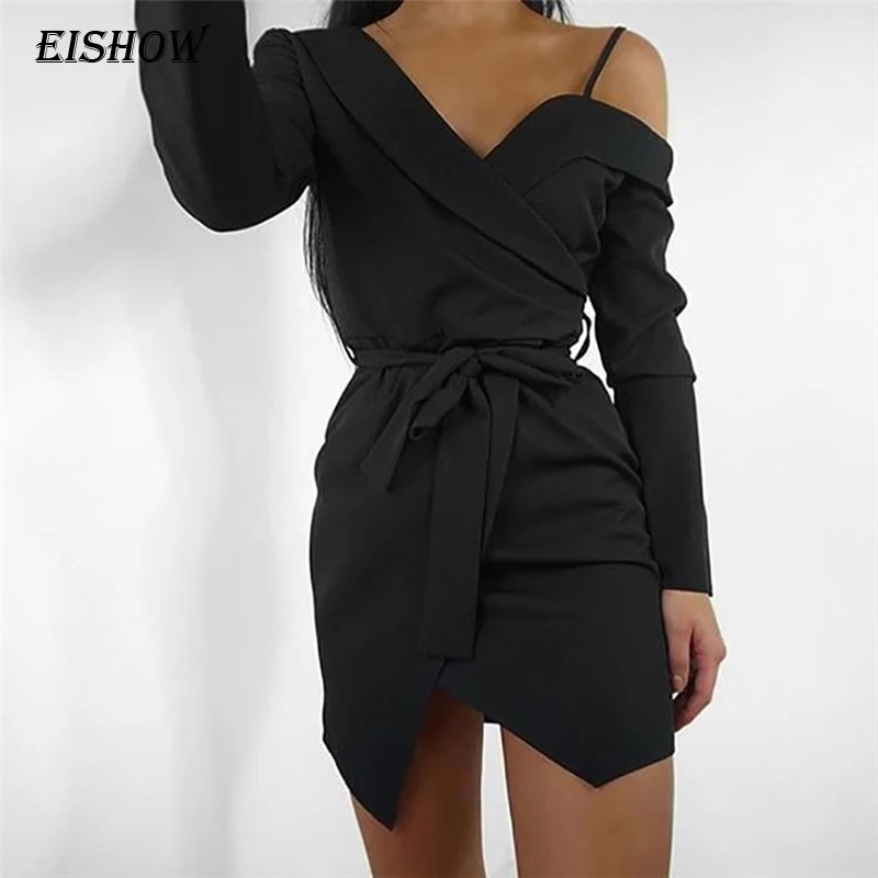 

EISHOW Off Shoulder V-Neck Women Mini Dress Long Sleeve Single Strap Dress Bow Sashes Black Lady Party Dress Vestidos Fall 2019