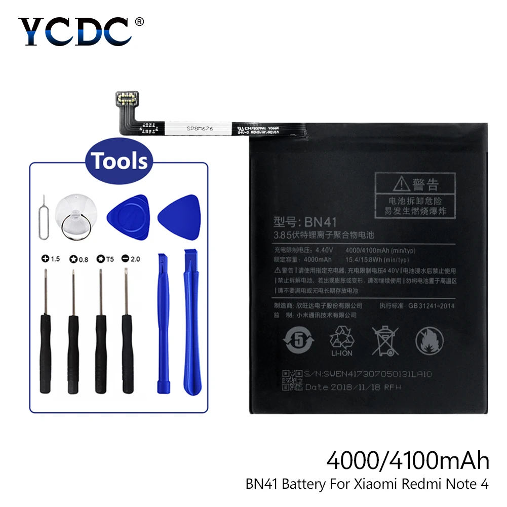 

Rechargeable Phone Battery BN41 BN-41 BN 41 For Xiaomi Redmi Note 4 Replacement 3.85V 4100mAh + Opening Tools