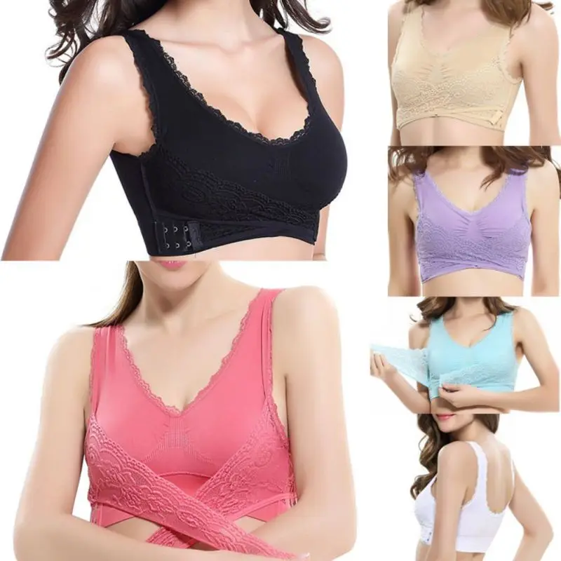 

Front Cross Side Buckle Gathers Lace Sports Bra Fitness Yoga Running Shockproof Sports Underwear