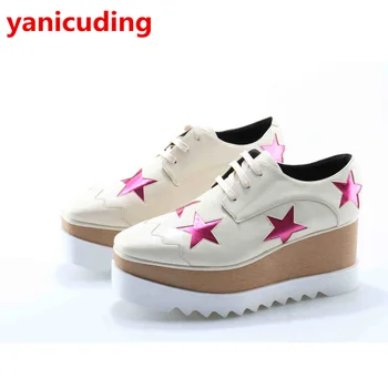 

yanicuding Brand Wedge Platform Colorful Stars Glitter Design High Heel Women Student Casual Shoe Lace Up Women Pump Square Toe
