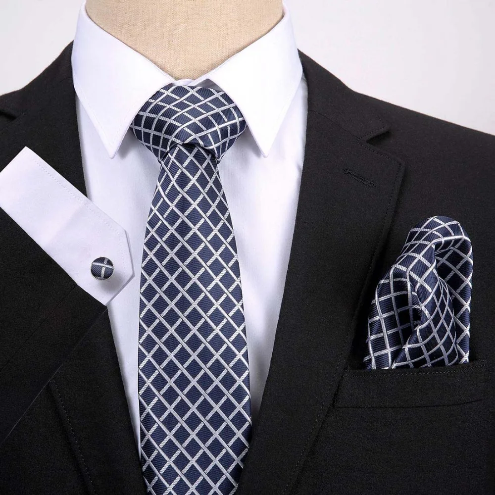 

Ties for Men Plaid Striped Pattern Accessories Business Silk Tie Sets Hanky Handkerchief Cufflinks Red Black Necktie Gravatas