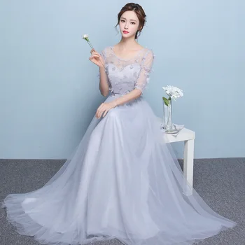 

2019 Sweet Printed Lace Solid Color Sleeveless Long Banquet Evening Dress