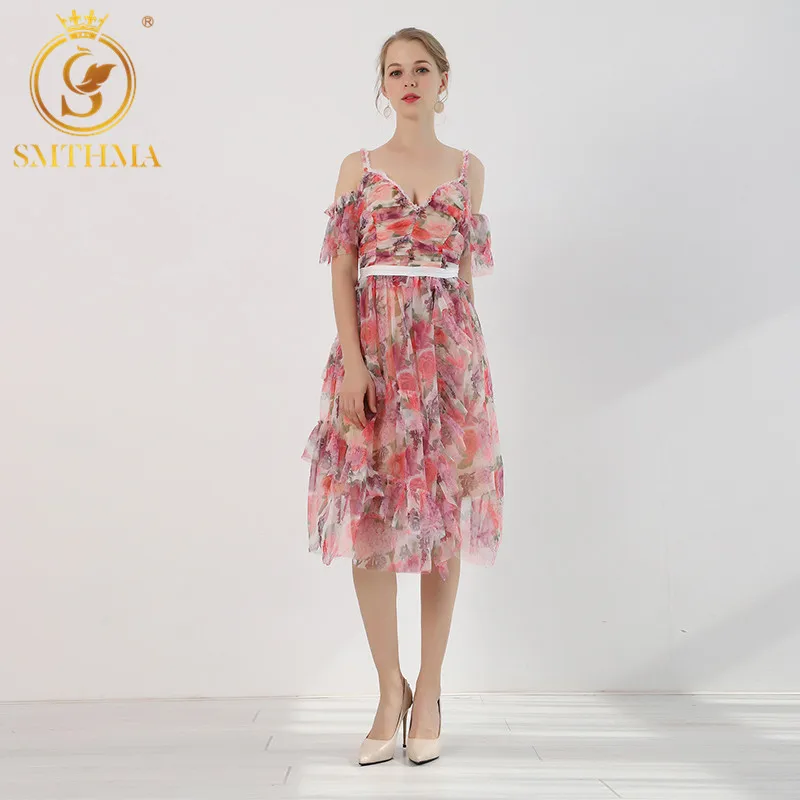 

New Fashion Summer Runway Designer Vintage Beach Vacation Dress Women's Sexy V-neck Spaghetti Strap Mesh print pleated Dress