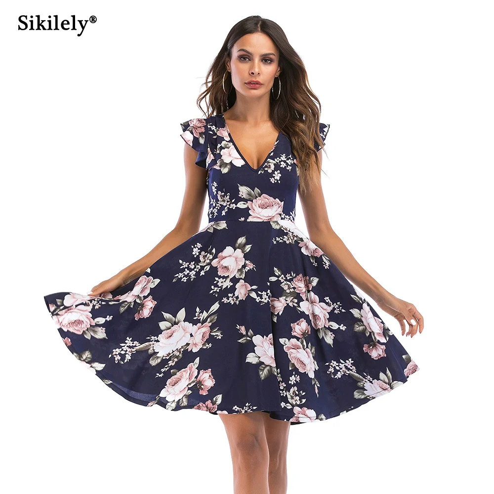 Sikilely Summer Holiday Dress Bohemian Floral Print Casual Dress Womens ...
