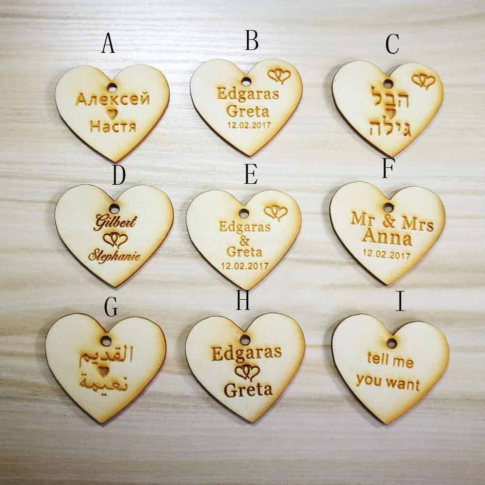 (100pcs)Customized Candy Tags of herats Personalized Engraved Wood Hangs Love Heart Centerpieces Wedding Table Decoration Favors