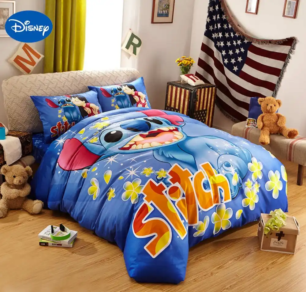 Blue Disney Cartoon Lilo And Stitch Bedding Sets For Boys Bedroom Decor Cotton Bedclothes Comforters Single Twin Queen King Size