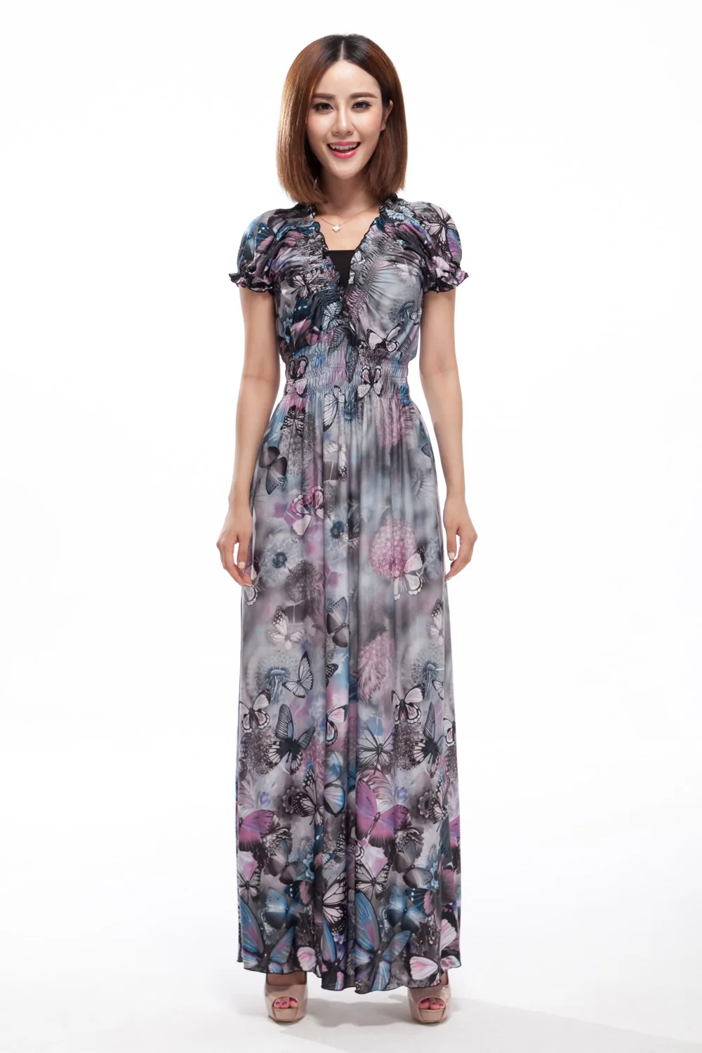 Wholesale Women V Neck Puff Sleeve Bohemia Maxi Dress 2017 Summer Women Ice Milk Butterfly Printed Long Chiffon Beach Dresses Plus Size Buy Cheap Women V Neck Puff Sleeve Bohemia Maxi Dress 2017 Summer Women Ice Milk Butterfly Printed Long Chiffon Beach Dresses Plus Size