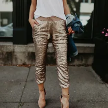 

2018 Mid waist sequined ankle-length pants Women drawstring elastic waist sequins pants fashion spring trousers pantalon mujer