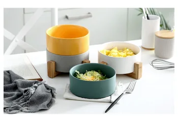 

1PC Nordic Creative Home Ceramic Pigmented Salad Bowl with Bamboo Shelf Western Style Fruit Dessert Bowl Microwave Oven OK 0886