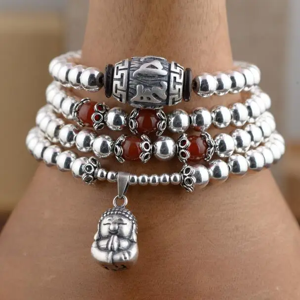 

NEW 925 Silver Tibetan Mala Silver 108 Beads Buddhist Prayer Rosary Beads Tibetan 108 Beads Mala OM Beaded Buddha Amulet