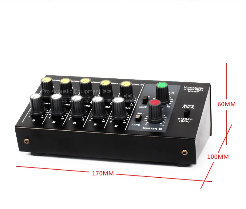 Ультра-компактный 10 каналов моно 5CH стерео аудио звуковой линии микшер микрофон микшерный пульт металлический с адаптером питания кабель