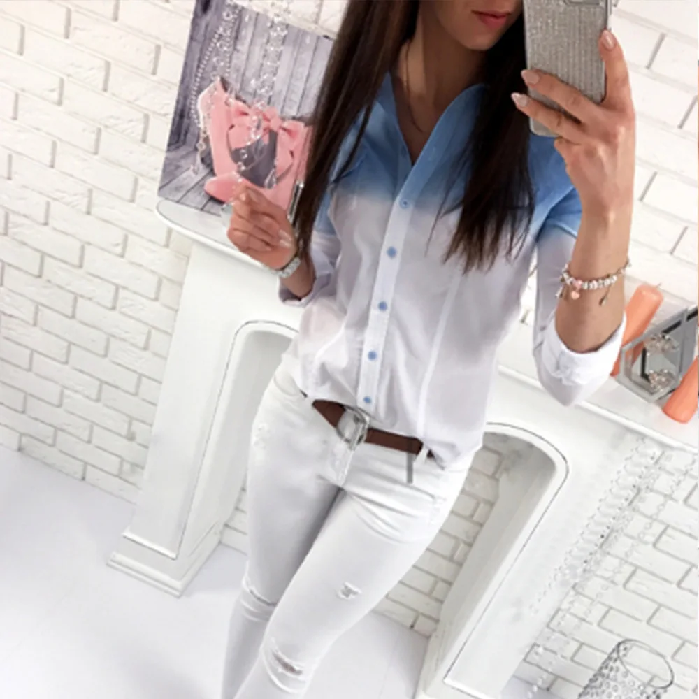 Cena Sprzedaży gradientu kieszeń na guzik koszula z długim rękawem top damski wiosna lato moda szczupłe dziewczyny lato pojedynczy przedmiot