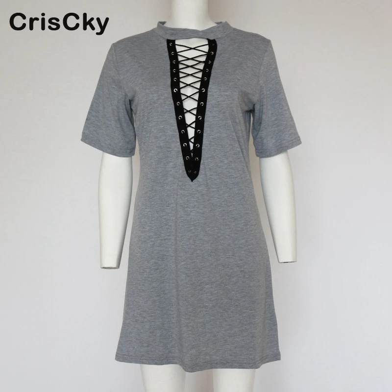 CRISCKY Summer Casual Ladies Dresses Fashion O Neck Short Sleeve Bandage Mini Party Dresses Woman Solid Club Outfits Vestidos