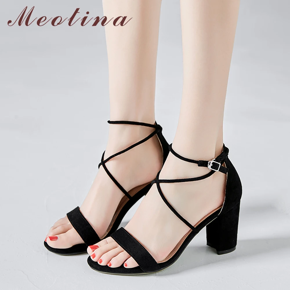 

Meotina Summer Sandals Women Shoes Cross-tied Block High Heels Shoes Sexy Buckle Open Toe Party Sandals Female Pink Size 33-40