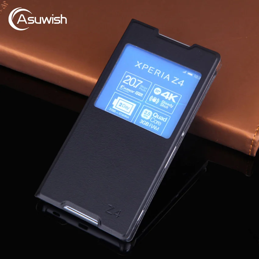 

Asuwish Flip Cover Leather Case For Sony Xperia Z4 / Z3 Plus E6553 E6533 Phone Case Slim Luxury View Bag Sleeve Shockproof Shell
