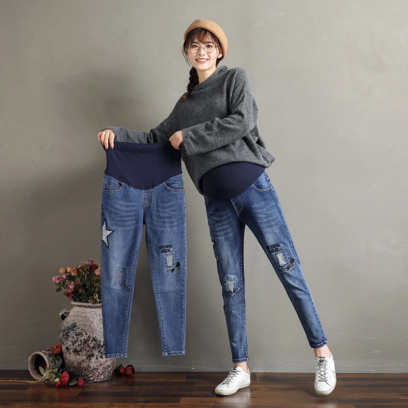 

282 Star Embroidery Ripped Hole Denim Maternity Jeans Autumn Spring 9/10 Loose Pants for Pregnant Women Pregnancy Belly Trousers