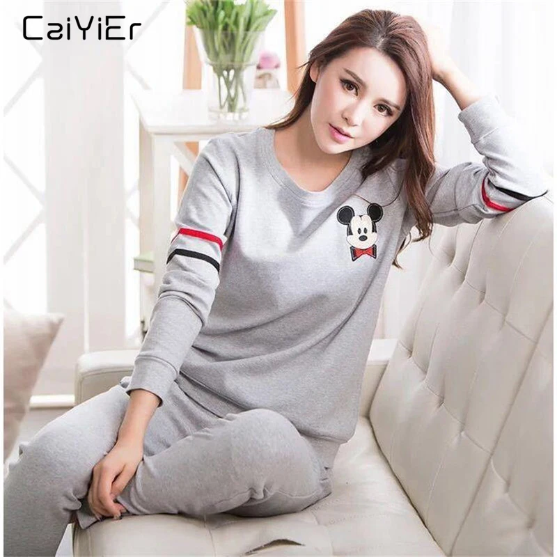 

Caiyier Spring Pajamas Set O-Neck Cute Mouse Pattern Long Sleeve Sleepwear Gray Casual Home Clothing For Women Nightgown