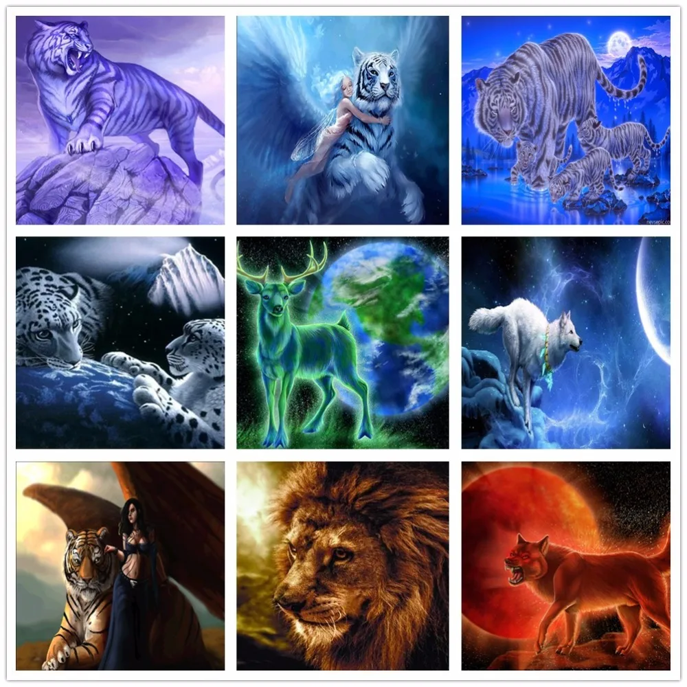 % 5d diy Diamond Painting Cross Stitch Wall Decor Embroidery Animal Tiger wolf deer lion Rhinestone Mosaic Home | Дом и сад