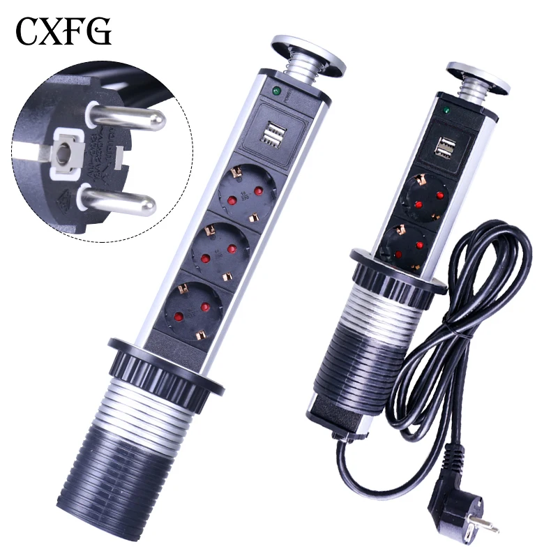 

CXFG PULL socket POP UP 3 Power Socket 2 USB Outlet Charging Port Desktop 16A Sockets Hidden Kitchen Table Worktop EU Plug