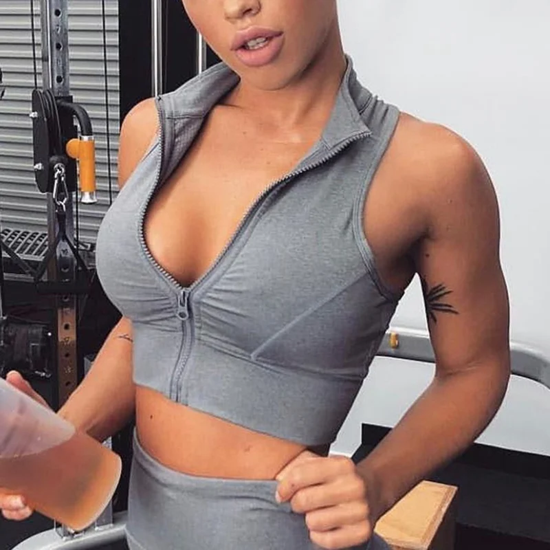 

Women's Sports Tank Solid Color Zipper Exposure Navel Fitness Vest Quick Dry Skinny Running Women Crop Top