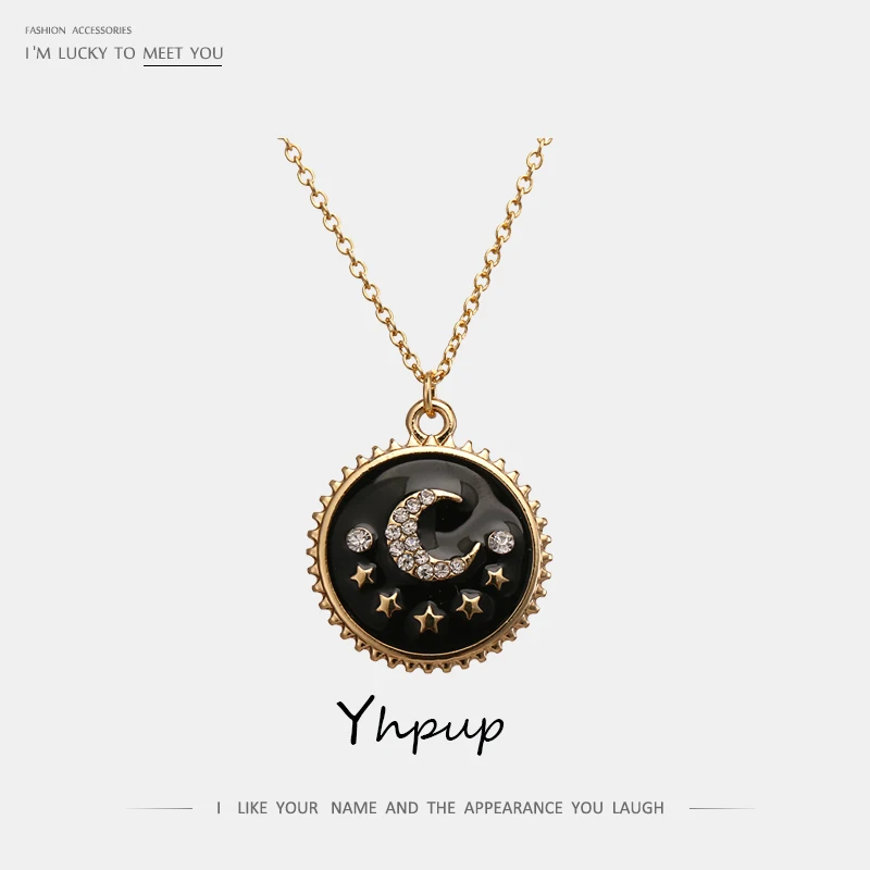 

Yhpup Vintage Ethnic Metal Round Geometric Pendant Necklace Enamel Antique Gold Rhinestone Jewelry for Women Summer Jewelry Gift