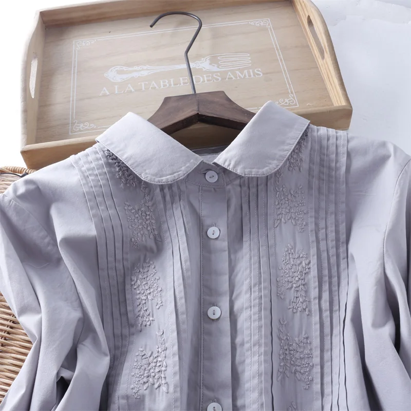 

cotton handmade embroidery long sleeve pleated shirt blouse female 2019 spring
