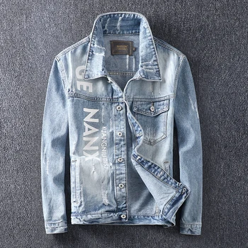 

American Streetwear Fashion Men Jacket Retro Blue Punk Style Printed Designer Denim Jackets Men Ripped Coats Hip Hop Jackets