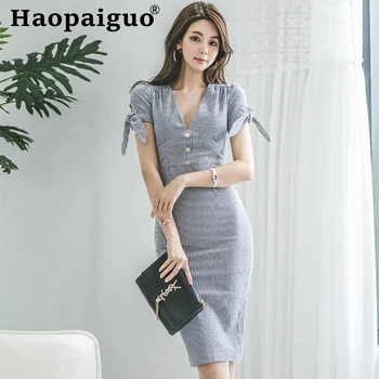 

Big Size 2019 Summer Modis Korean Dress for Ladies V-neck Stripe Sheath Bandage Bodycon Dress Women OL Office Work Women Dresses