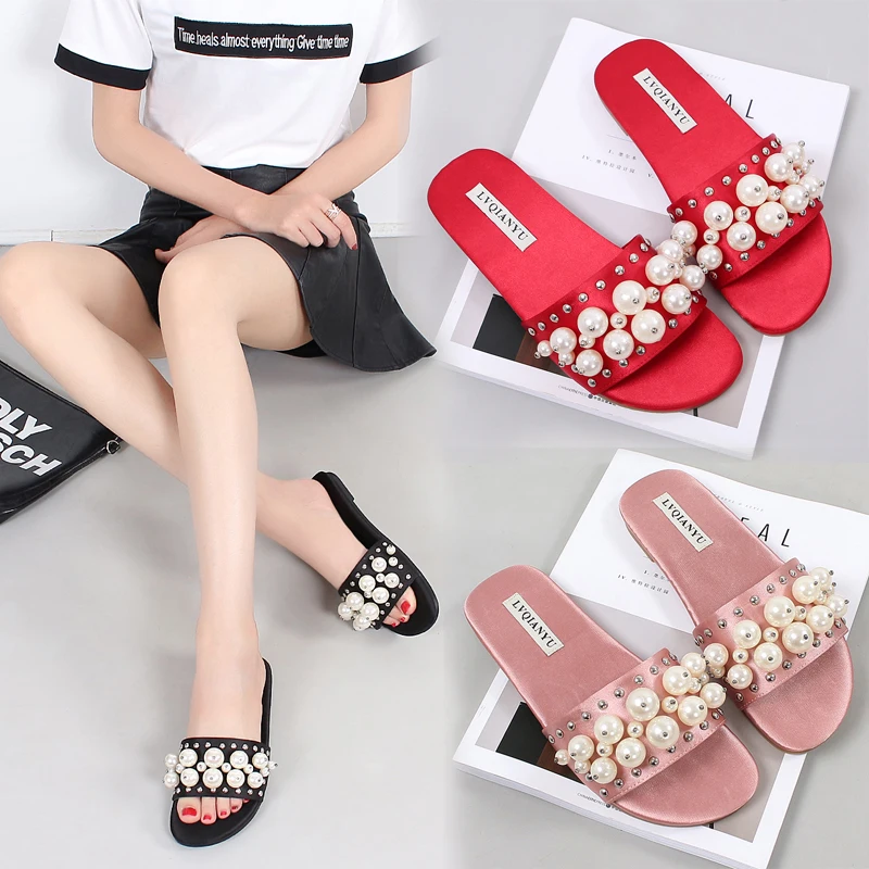 

Summer Women Fashion silk fabrics pearl slides Red Black pink Sandals Women Bead Flat Mules open-toed luxurious Women Slippers