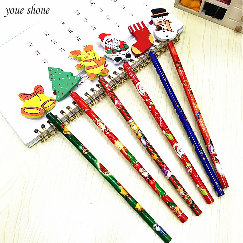 6ピース/ロット販売クリスマスギフト子供文具漫画木製鉛筆クリスマスツリー幼稚園オフィス学校