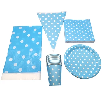 

51PCS Light Blue Polka Dots Theme Decoration Tablecloth Birthday Party Flags Napkins Banner Baby Shower Kids Favors Cups Plates