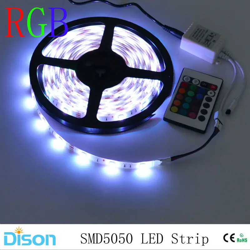 buy waterproof 5M 5050 SMD Led Strip DC12V RGB Flexible Tape Led Ribbon Led Strip Light With IR Remote controller+Power Adapter