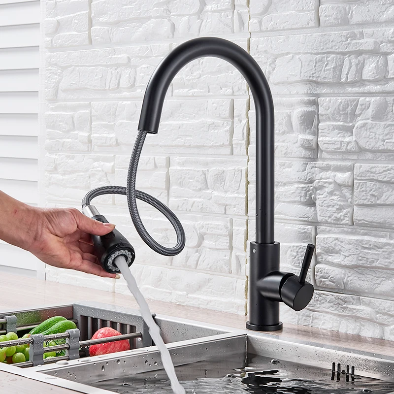 quyanre matte black pull out kitchen faucet single handle mixer tap 360 rotation with 3 way spray hot cold water mixer tap for kitchen tap2
