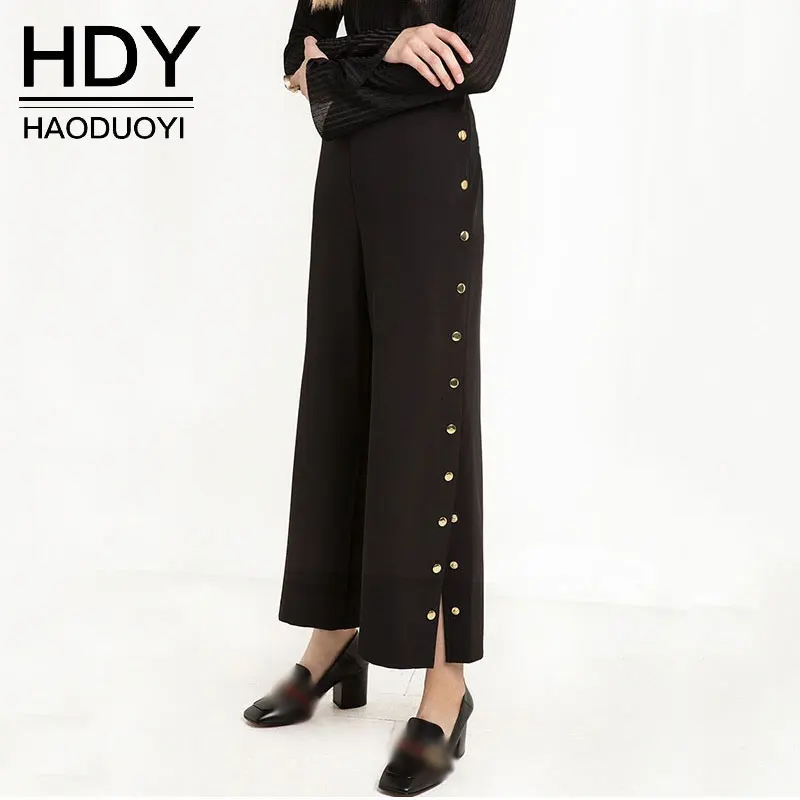 HDY женские брюки черные с разрезом сбоку широкие брюки повседневные брюки весна осень пуговица боковые брюки свободные брюки стиль