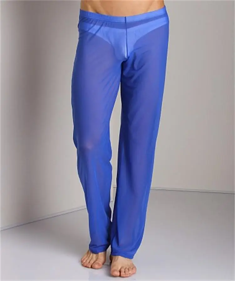 Мужские повседневные Пижамные брюки Cueca, мужские прозрачные трусики, сексуальные сетчатые пижамы, прозрачные длинные свободные штаны для отдыха - Цвет: Blue