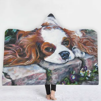 

3D Animal Charles Spaniel Bichon Printing Hooded Blanket Super Quality Sherpa Fleece Wearable Throw Blanket Sofa Bed Thick Warm