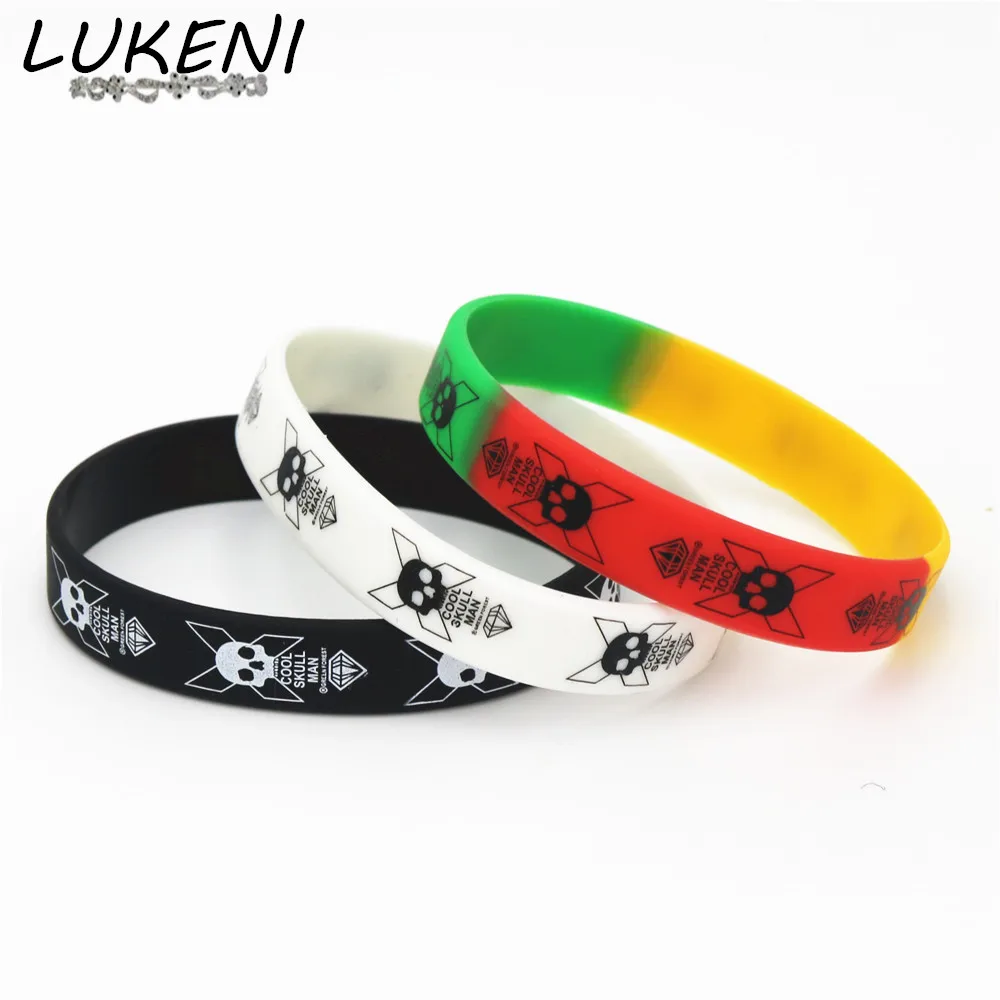 LUKENI 50PCS Cool Skull Silicone Wristband Black White Color Sports