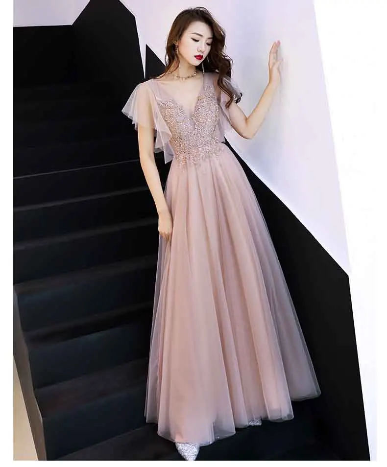 

V Neck Pink Dress Women Large Size Luxury Butterfly Sleeve Concealed Back Zipper Lace Emboridery Beaded Evening Party Dresses