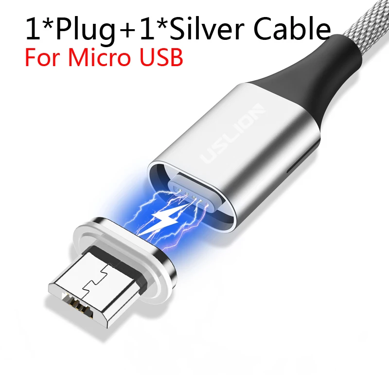 USLION QC3.0 3A Магнитный usb-кабель для быстрой зарядки для iPhone 11 Pro Max samsung Micro USB type C кабель для зарядки мобильного телефона - Цвет: For Micro Silver