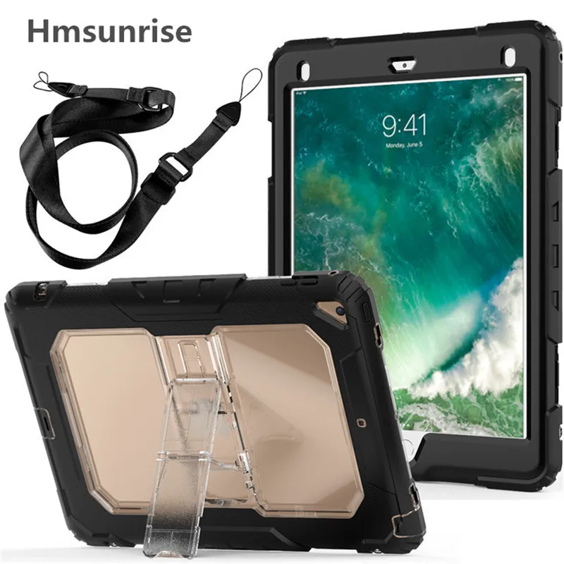 

Hmsunrise Case For apple ipad air 2 Kids Safe Shockproof Heavy Duty Silicone Cover Build-in Bracket Shoulder strap for ipad 6