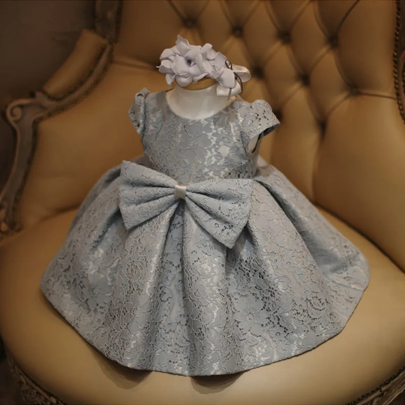 

New Baby Girl Dress Summer 1 Years Baby Girls Birthday Dresses Big Bow Gray Tulle Lace Vestido Infant Baptism Christening Gown