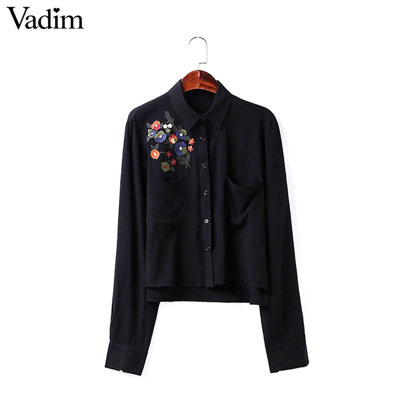Women flower embroidery crop top loose shirts long sleeve