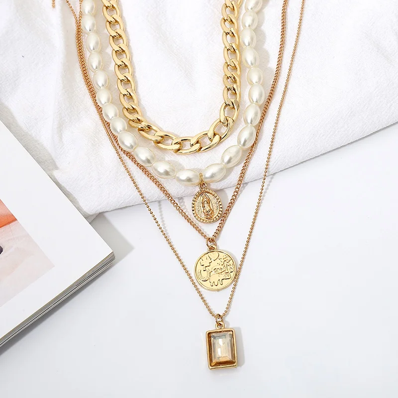 

Retro Exaggerated Personality Temperament Multi-Layer Necklace 2019 European Fan Accessories Alloy Cross Pendant Necklaces