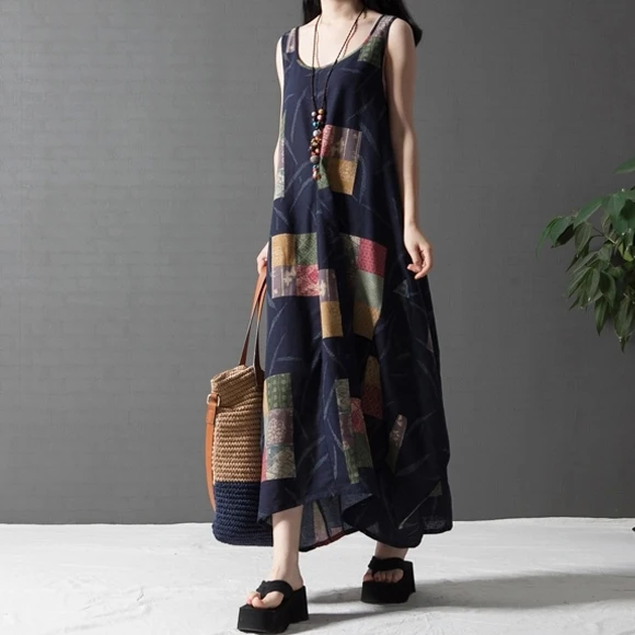 

In the summer of the new women's literature and art printing of cotton and linen dress son big yards long sleeveless vest dress