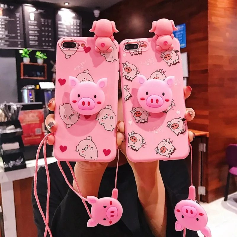 

For iPhone 8 7 6s Plus Funny Pink Pig Nose Cartoon Soft Doll Toys Holder Lanyard case For iphone X XS Max XR Stand Phone Case