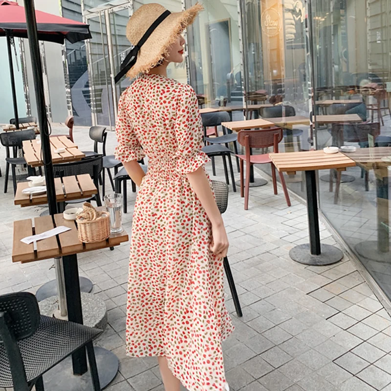 2019 женское летнее платье в корейском ретро стиле с v образным вырезом и коротким
