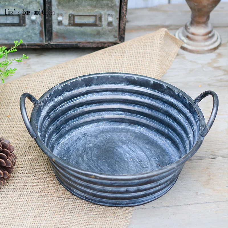 

round shallow vintage style iron metal planter with handles