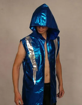 

Blue Pvc Latex Lightning Wrestling Sleevellss Hooded Top For Mens